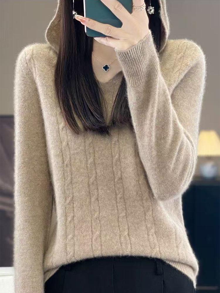 2026 Autumn/Winter Women's Hooded Knit Cashmere Hoodie - Soft & Fluffy Base Layer, Red New Year Edition