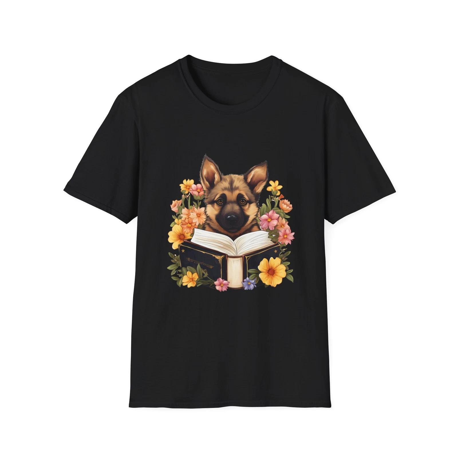 Floral German Shepherd T-Shirt, Dog Lover Gift, Animal Tee, Book Lovers Apparel, L