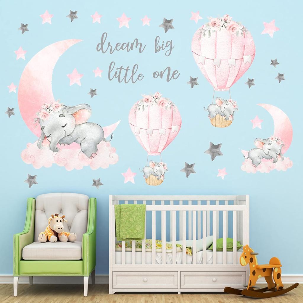 Dream Big Little One Elephant Wall Stickers, Pink Moon Hot Air Balloon Grey Stars Wall Decals for Nursery Kids Room Living Room Bedroom Decorations