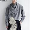 INCERUN Men Stand Collar with Adjustable Scarf Long Sleeve Plaid Loose Oversized Tops Shirts
