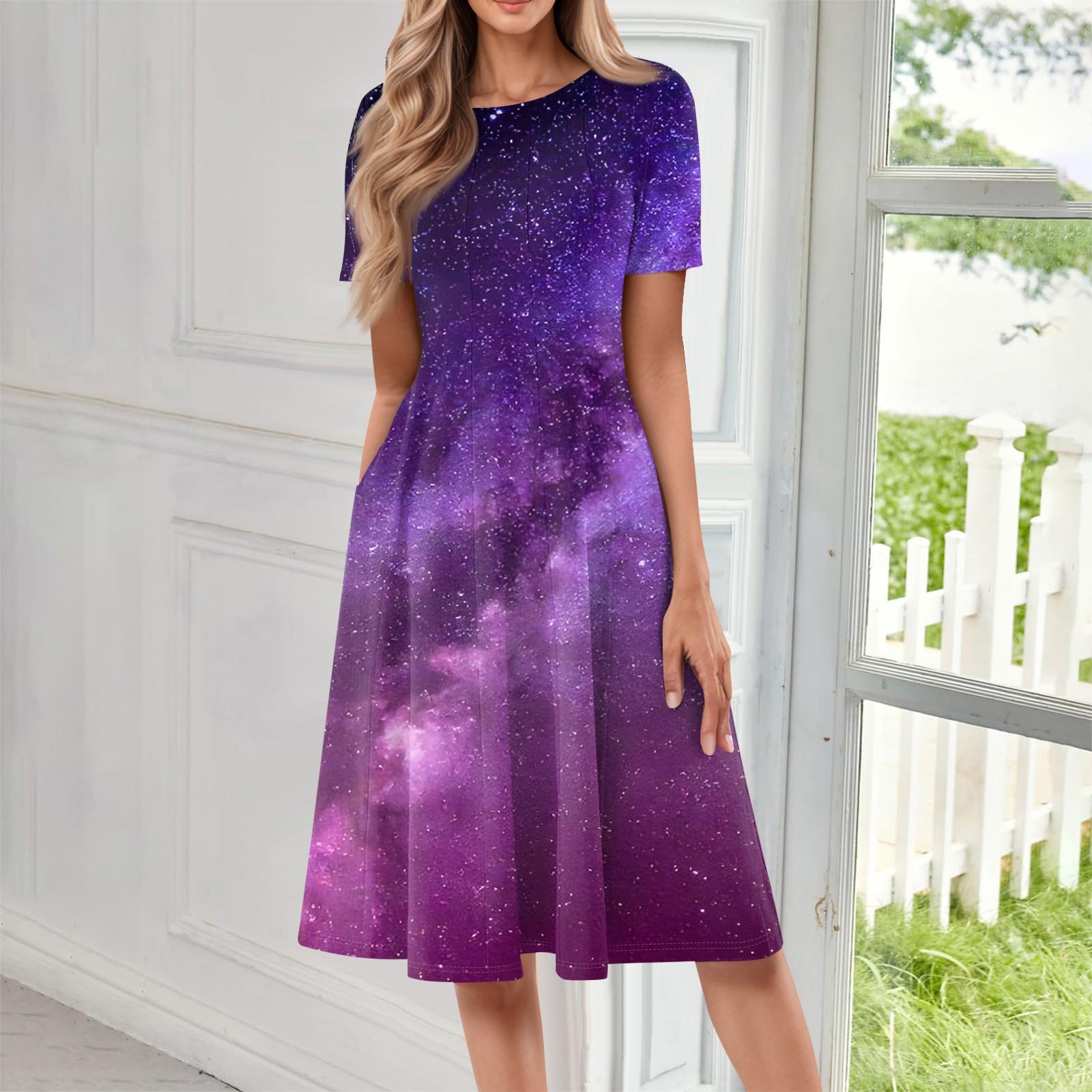 

Жіноча літня повсякденна сукня з U-подібним вирізом, зав язкою, кишенями та принтом, з коротким рукавом XL фіолетовий