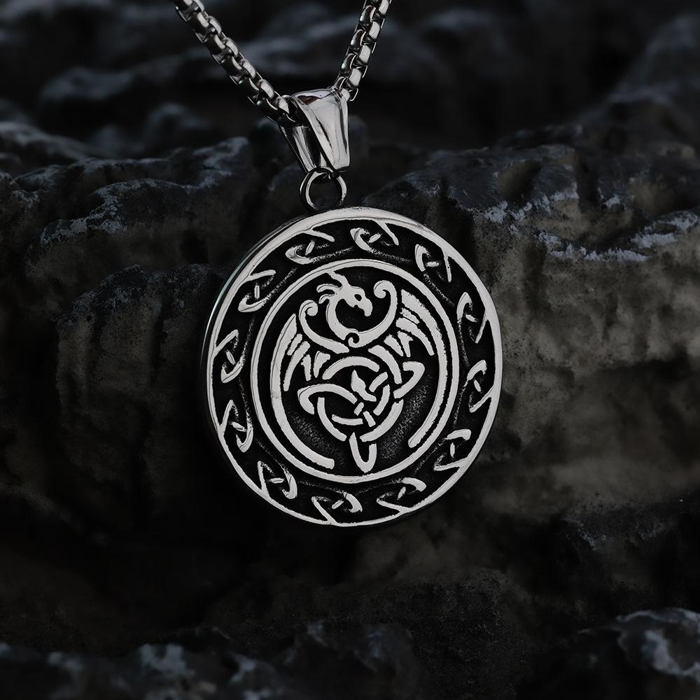 Vintage Stainless Steel Men's Pendant Celtic Knot Double Sided Dragon Round Medallion Necklace