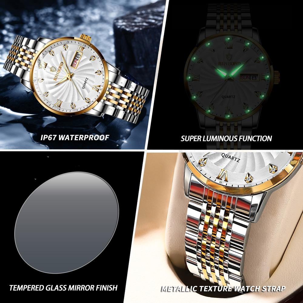 BINBOND Quartz Watches for Men Luxury Luminous Waterproof Precise Auto Date Week Display Men's Watch Casual Sturdy Reloj
