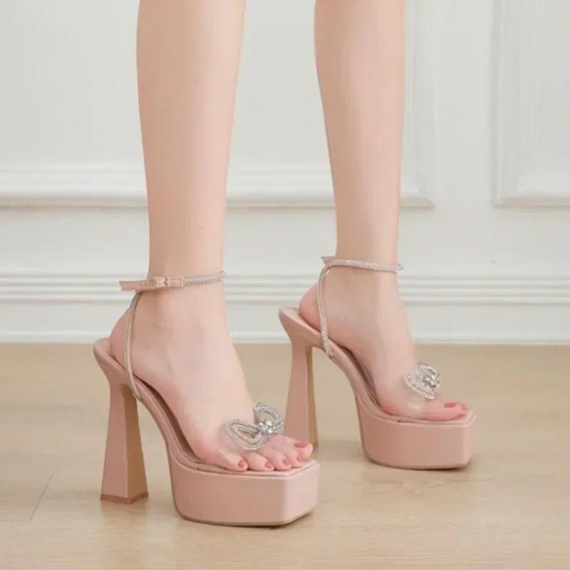 Fashion Fashion Crystal Rhinestone Butterfly-knot Platform Women Sandals Sexy Open Toe PVC Transparent Super High Heel Buckle Strap Shoe
