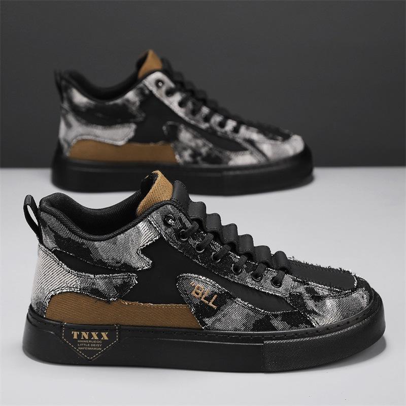 Fashion Autumn Leather Splicing Denim Trendy Flat Baseplate Shoes Elastic Low-Top Casual Sports Men'S Shoes