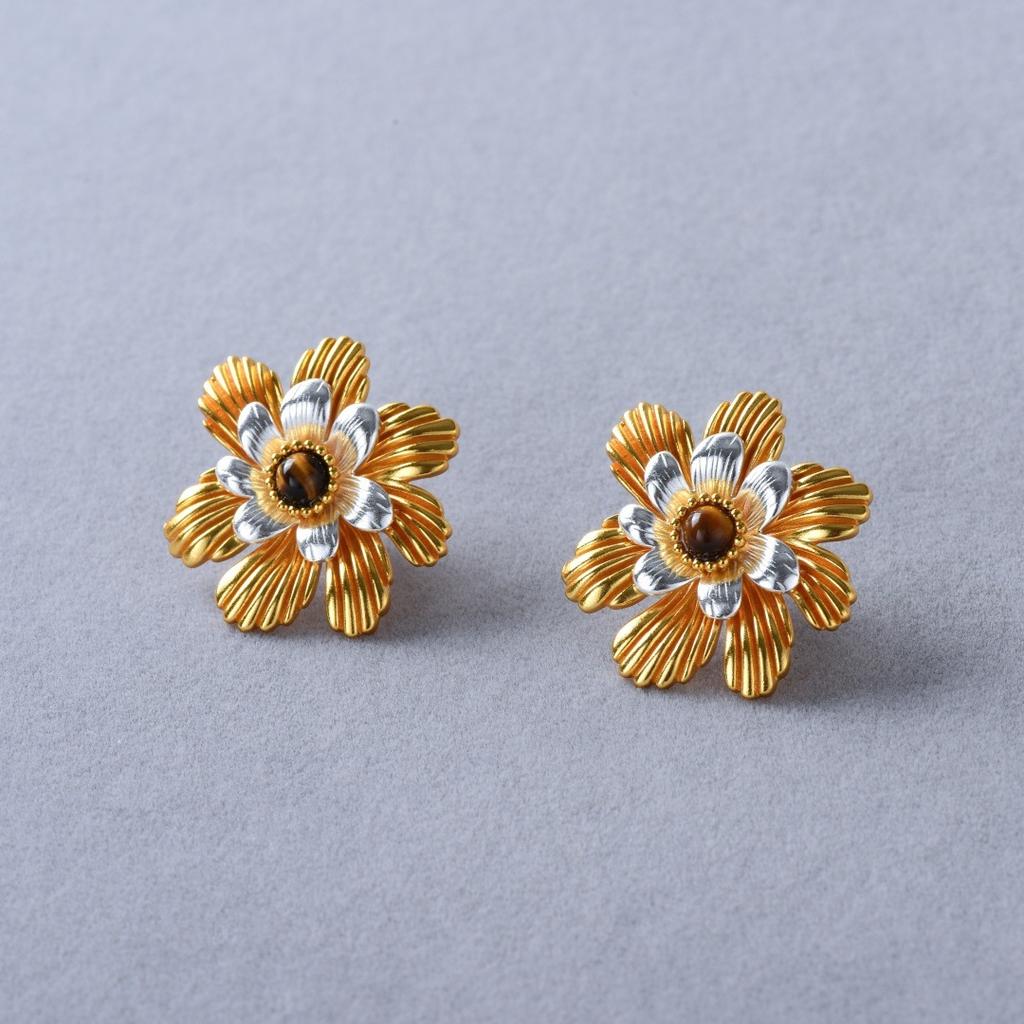 Spring Retro Fashion Gold And Silver Color Matching Flower Removable Multi-Wear Earrings S925 Silver Needle Stud Earrings Trendy Temperament Earrings