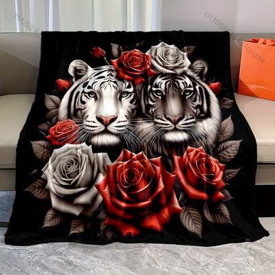 Tigers Surrounded By Vibrant Roses Pattern Blanket Flannel Material Soft Warm for All Seasons, Home Outdoor Camping Picnics RV