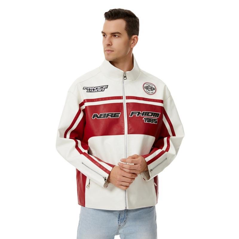 

Американские уличные мотоциклетные костюмы Весенне-осенняя мужская куртка из ПУ кожи Гоночный костюм Контрастный цвет Ретро кожаная куртка Куртка со стойкой XL белый