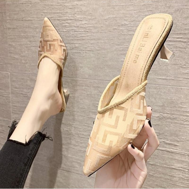 Fashion Women Mesh High Heels Temperament Sandals Female Summer Pointed Toe Party Thin Heeled Slippers Ladies Brand Design Slip on Shoes