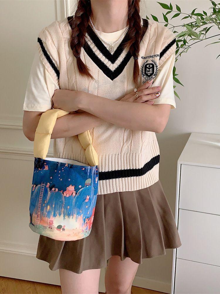 Printed Cute Cartoon Small Canvas Tote Bag For Women Lightweight Handbag Soft