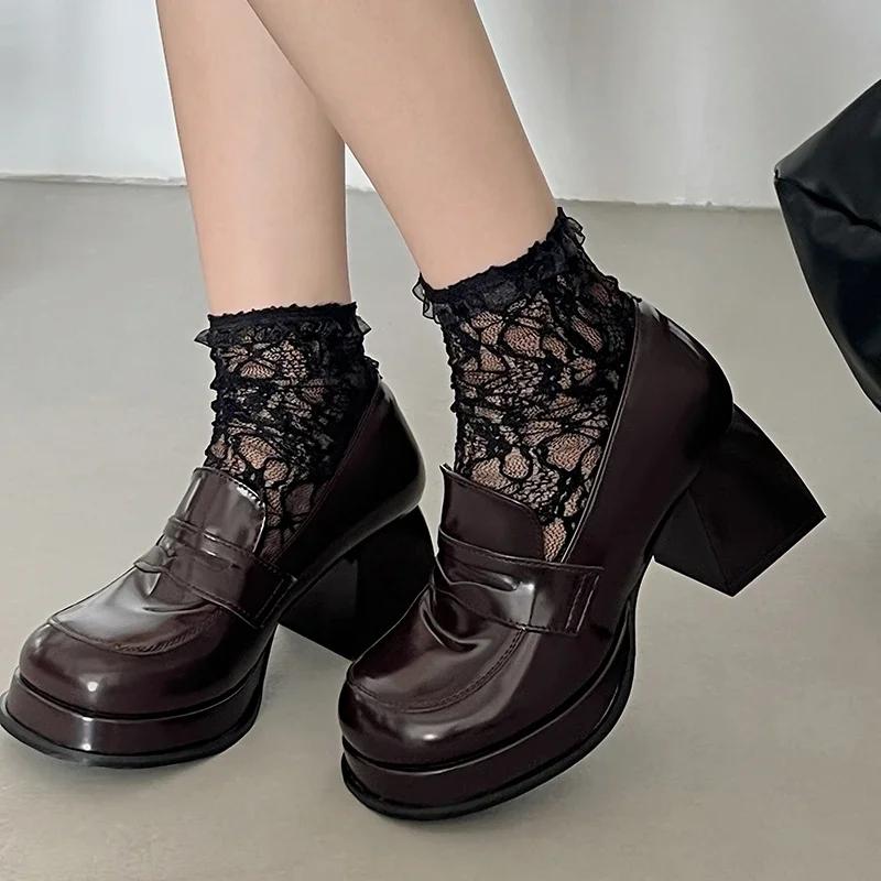 Vintage Patent Leather Platform Women Jk Pumps Shoes Fashion Shallow Slip On Shoes 2025 Spring Autumn Thick Heel Shoes