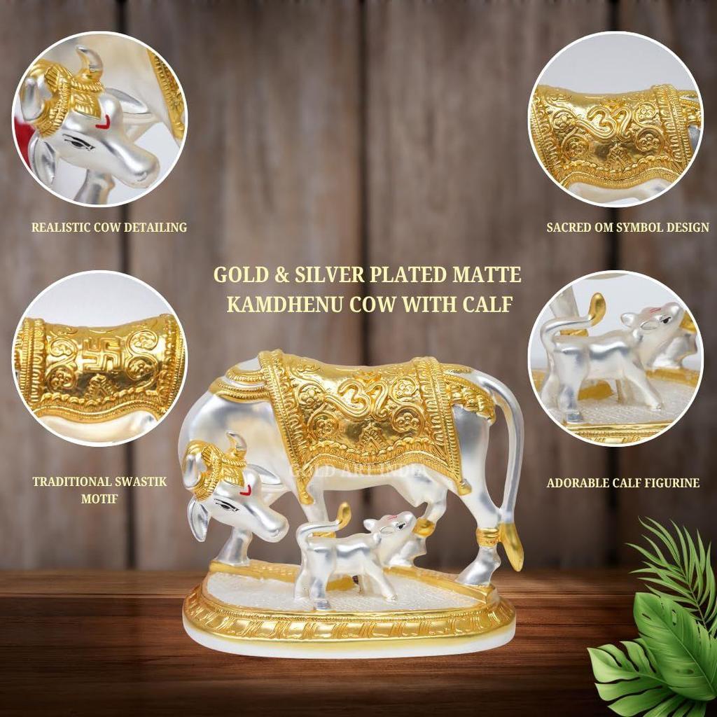 Kamdhenu Cow with Calf Idol Gold Silver Plated with Matte Finish | Home Decor Gaay Bachda Cow |Calf for Vastu | Positive Energy |