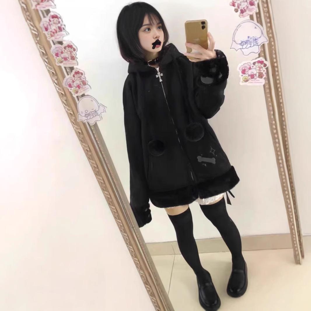 

Millennial Y2K Plaid Patchwork Cat Ear Hooded Sweatshirt - Women s Fleece-Lined Jacket for Autumn and Winter Small
