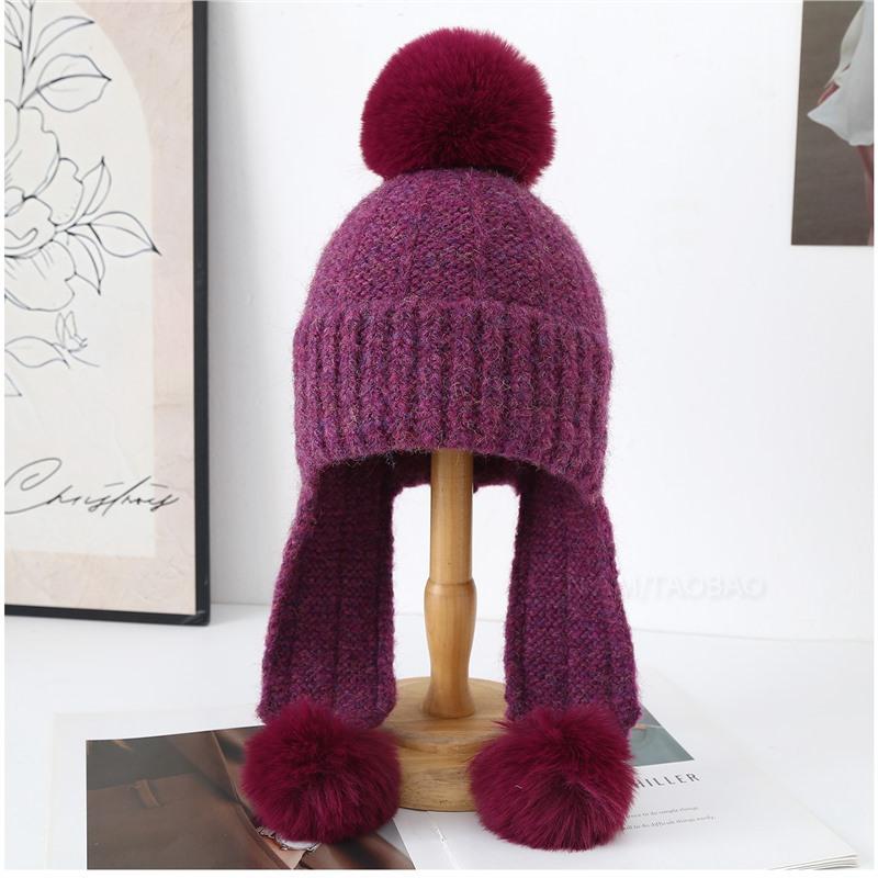 Winter Korean Thickened Hairball Ear Protection Knitted Bomber Hat Women Simple Casual Windproof Warm Small Face Wool Beanie Cap