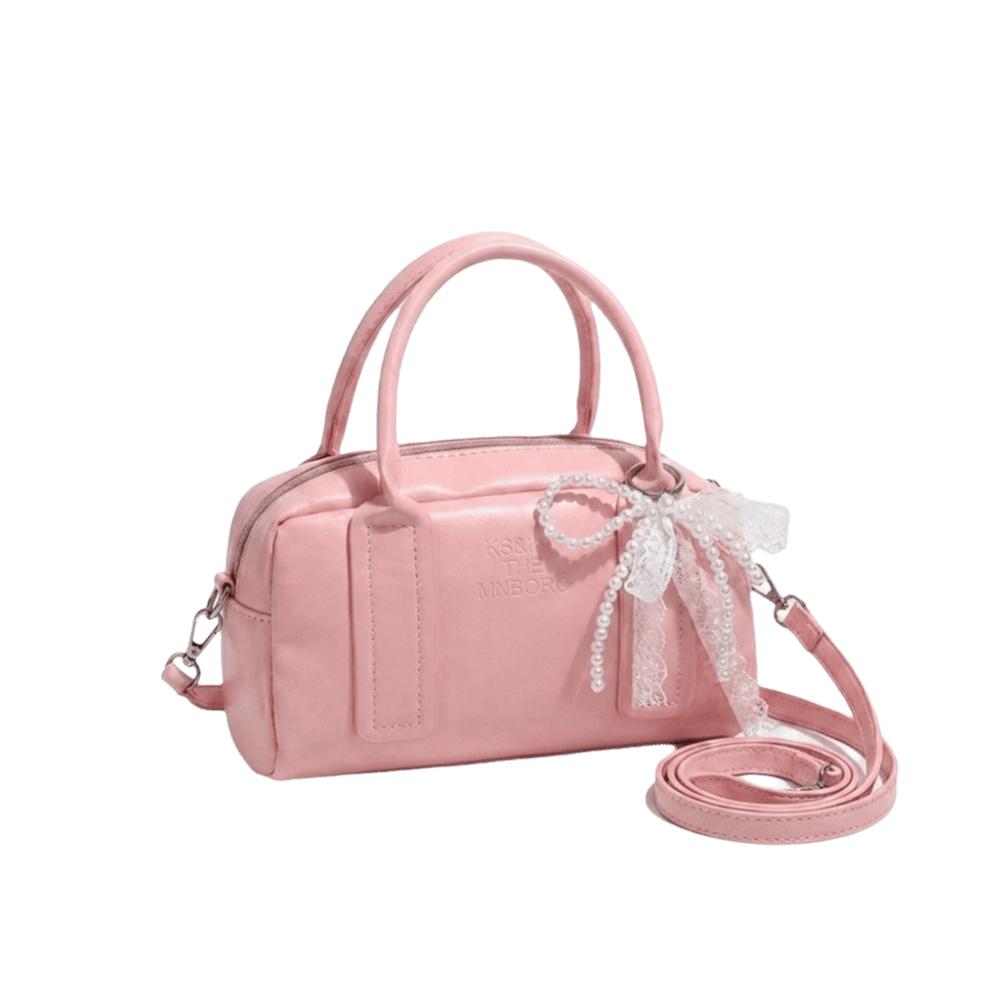 Sweet PU Leather Boston Bag Pearl Bow Pendant Shoulder Bag Versatile Crossbody Bag Daily Use розовый