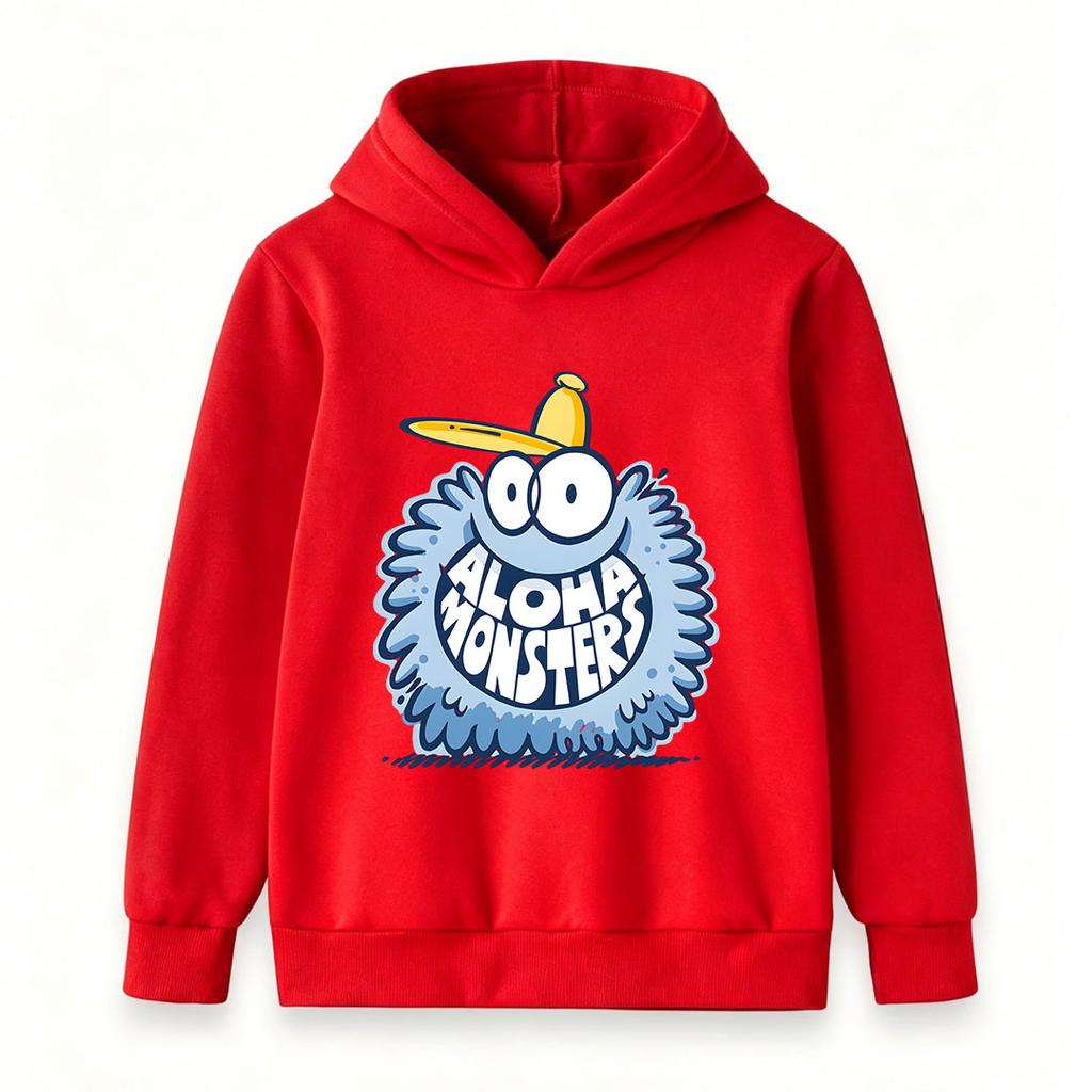 Kids Boys Girls Crewneck Hoodie, Cute Fuzzy Cartoon Monster Aloha Print Casual Long Sleeve Pullover Sweatshirt, Cozy Lightweight Tops For