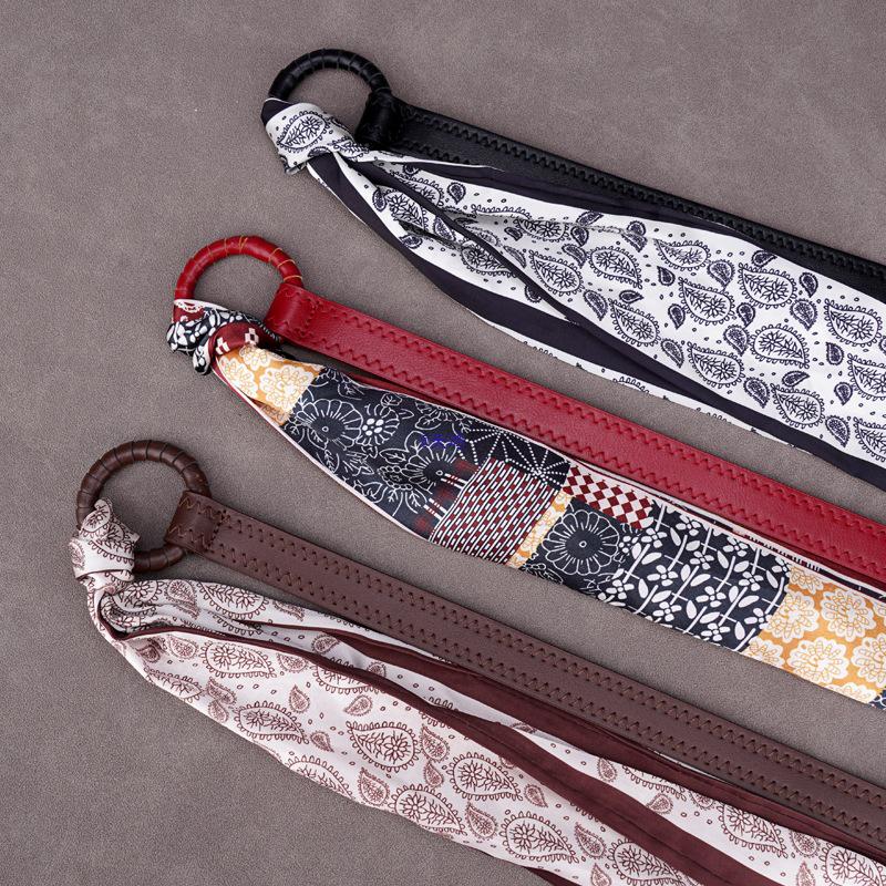 Red Silk Scarf Belt: Women's Retro Accessory for Jeans or Skirt with Double Belt Design.