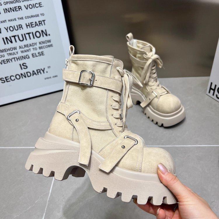 

Женские ботинки Мартина 2025 новые универсальные комбинированные тканевые ботинки на толстой подошве с ремешком-маффином, повседневные ботинки-локомотивы, маленькие короткие ботинки 40