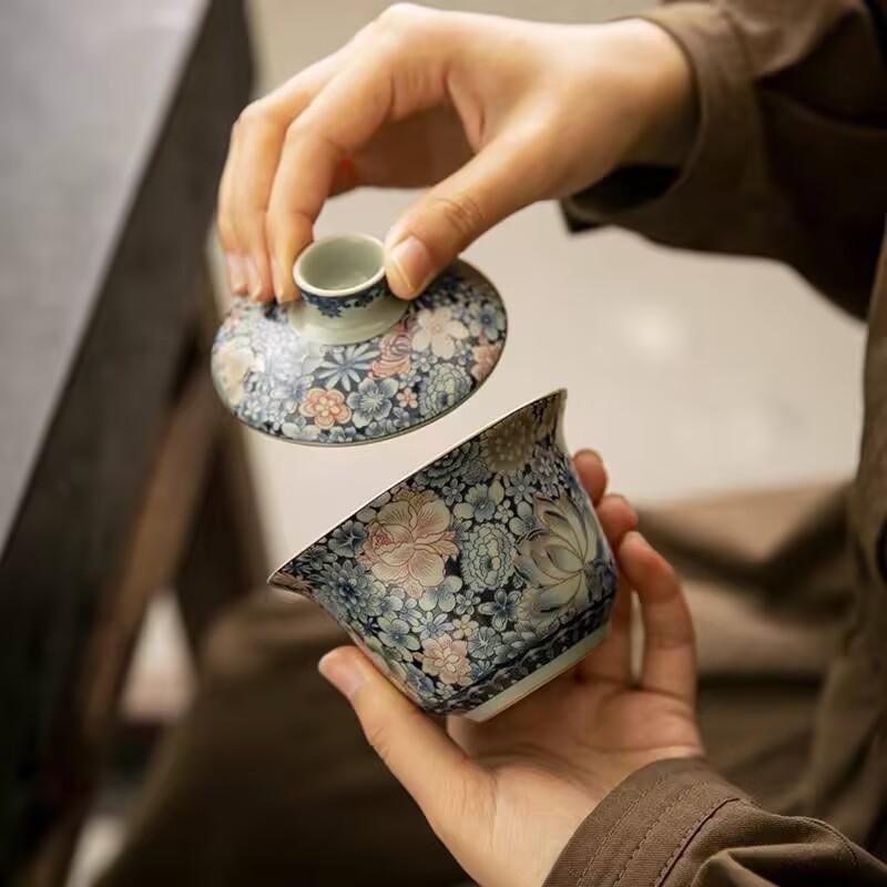 Blue And White Ru Kiln Sancai Cover Bowl Teacup Enamel Color Single High-End Tea Bowl With Lid Household Large Kung Fu Tea Set