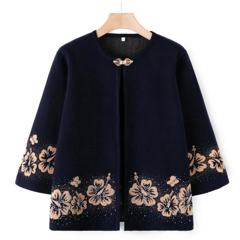 Middle-aged and Elderly Mothers Wear Autumn Mother-in-law Knitted Sweater Two-piece Set Grandma Cape Jacket the Elderly Set Cardigan