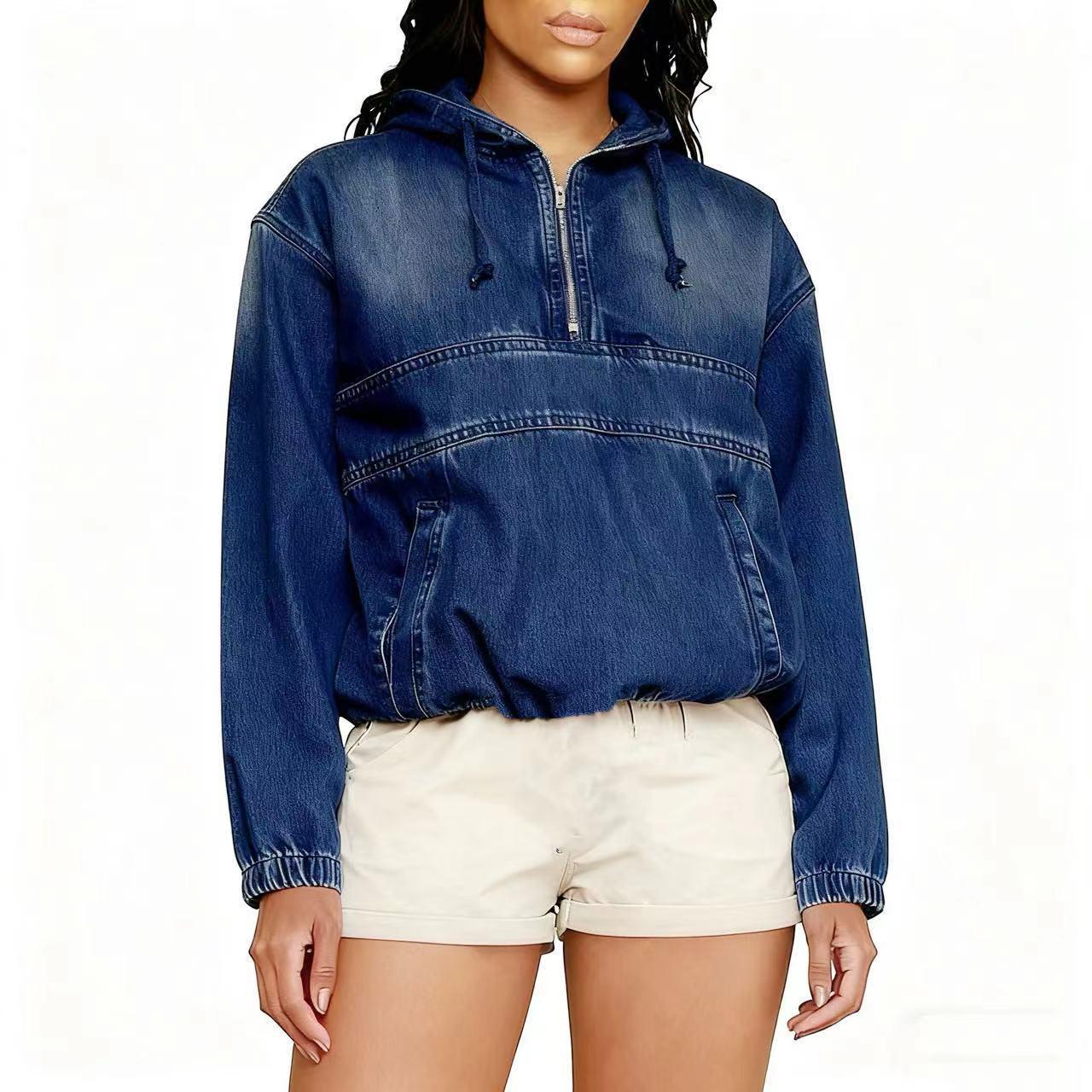 

Women s Early Autumn Denim Half-Zip Hooded Pullover with Pockets Extra Large