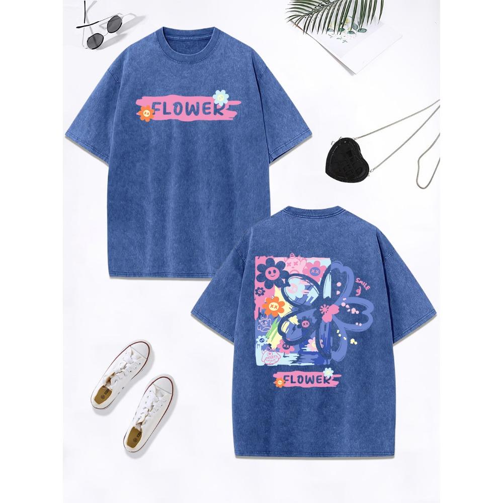 Flower Creative Graffiti Prints Washed T-Shirt Women Cotton Oversized Tops Comfortable Distressed O-Neck T Shirt  Clothes