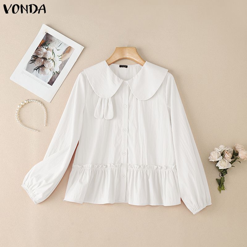 VONDA Women Casual Doll Collar Loose Long Sleeve Buttons Ruffled Blouse
