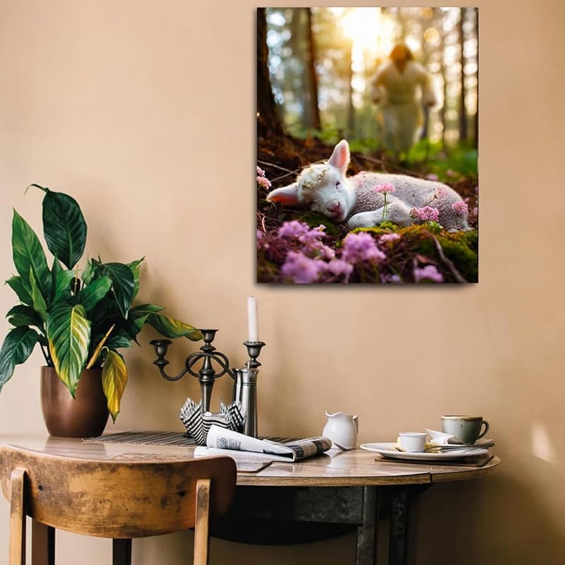 Jesus and Lamb Canvas Wall Art Jesus Runs for the Lost Sheep In Spring Forest Picture Wall Art Canvas Print Christian Ho 12x16 розовый