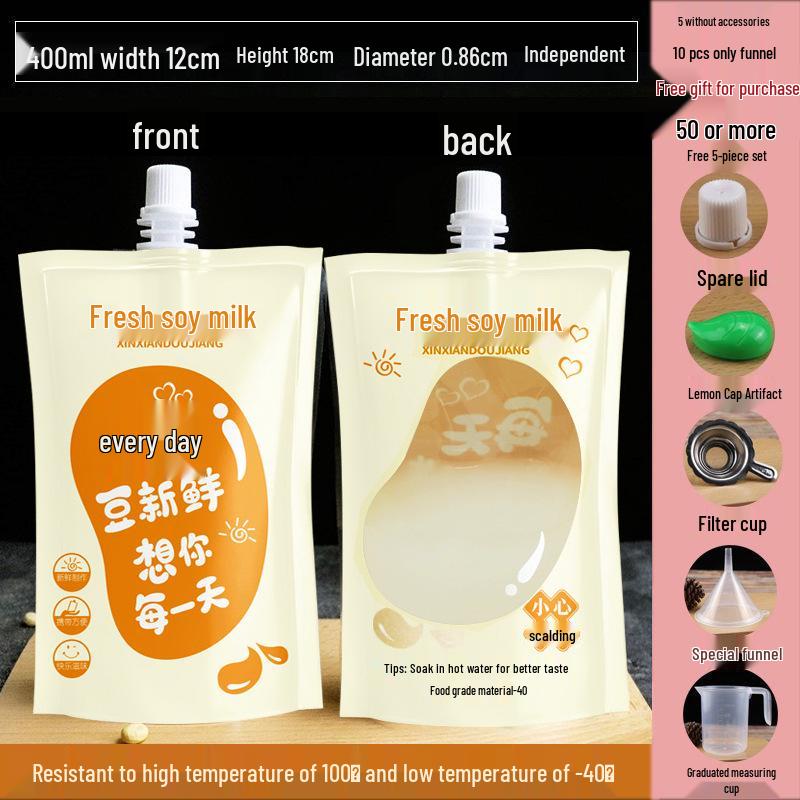 Soy Milk Stand-Up Spout Bag - Reusable, Transparent, Liquid-Safe, Large Diameter Packaging for Soups & Beverages