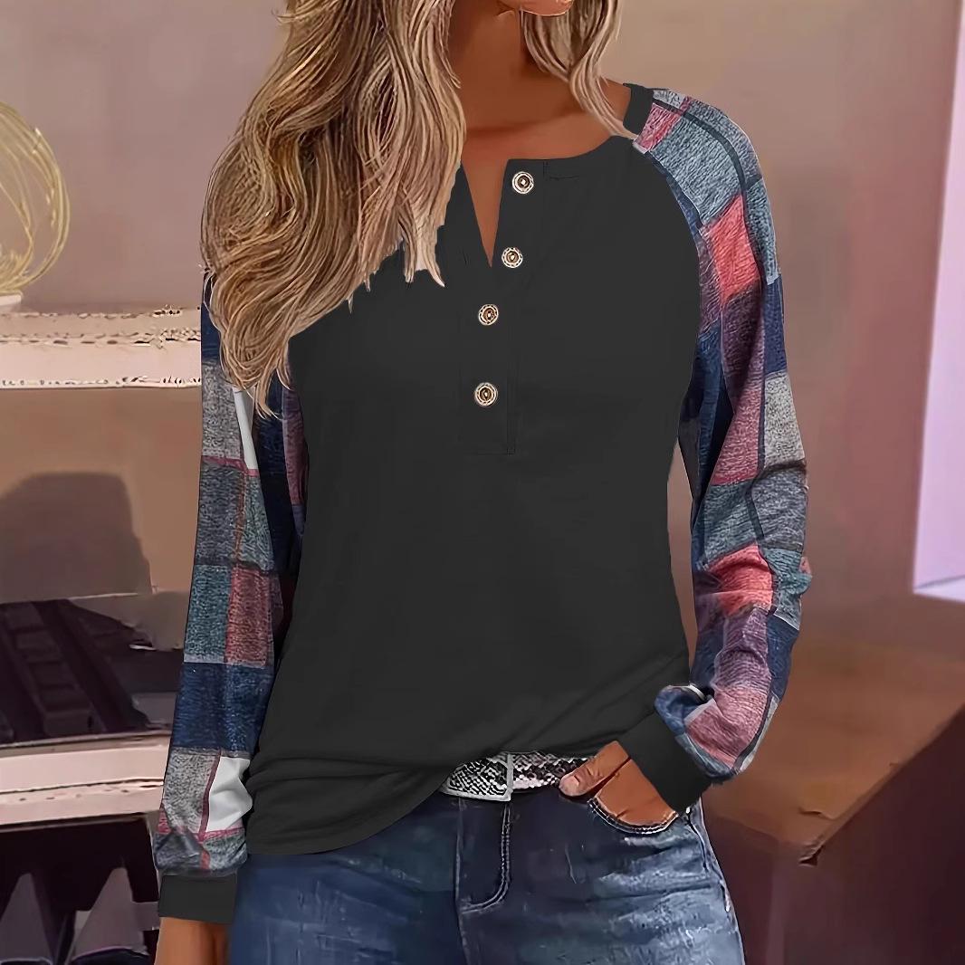 

2024 Spring/Summer Women s Button Color Block Long Sleeve Casual T-shirt S чёрный