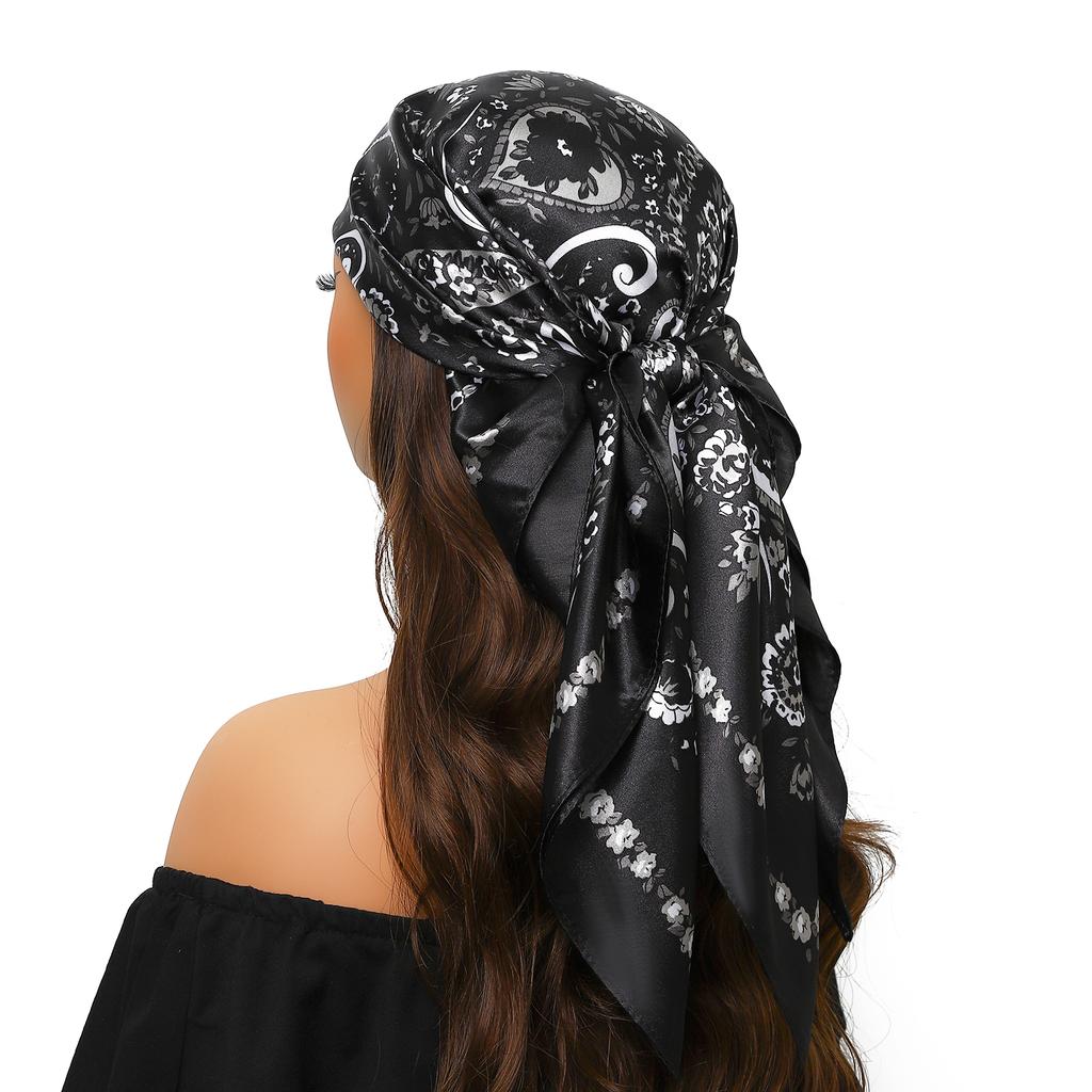 Lenço de Cabeça Feminino Marca de Luxo Quadrado 90*90cm Seda Foulard Cetim Bandana Cabelo Lenço de Pescoço Macio Hijab Lenços de Cabelo Para Senhoras