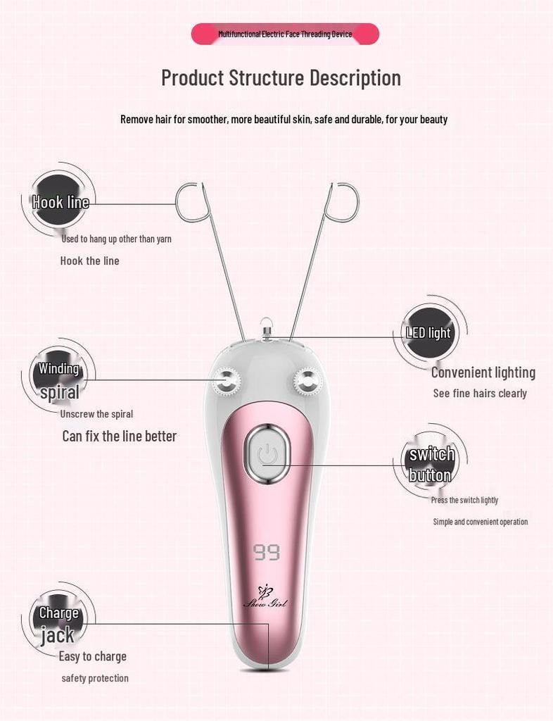 Rechargeable Facial Hair Removal Threading Device with Tweezers