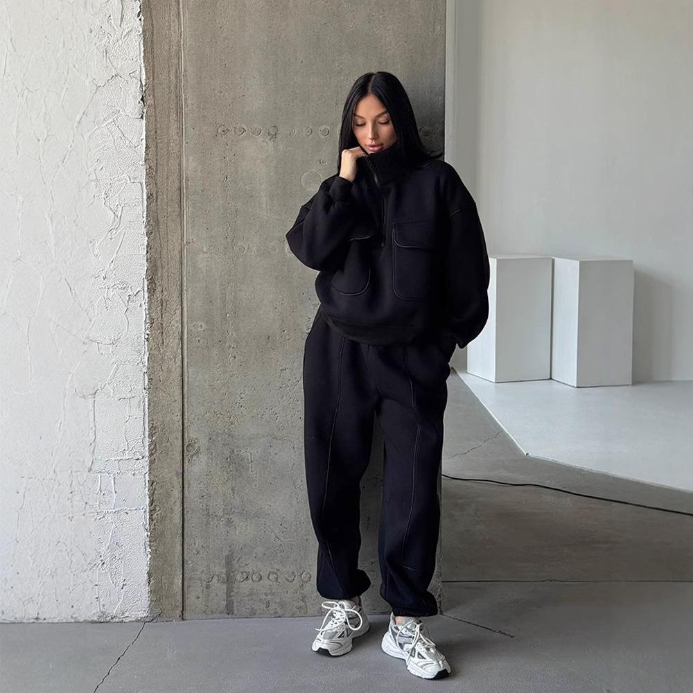 Autumn and Winter Casual Suit Women's Fashion Street Style Sweater Sports Suit Half Open Pocket Jumper Trousers Women