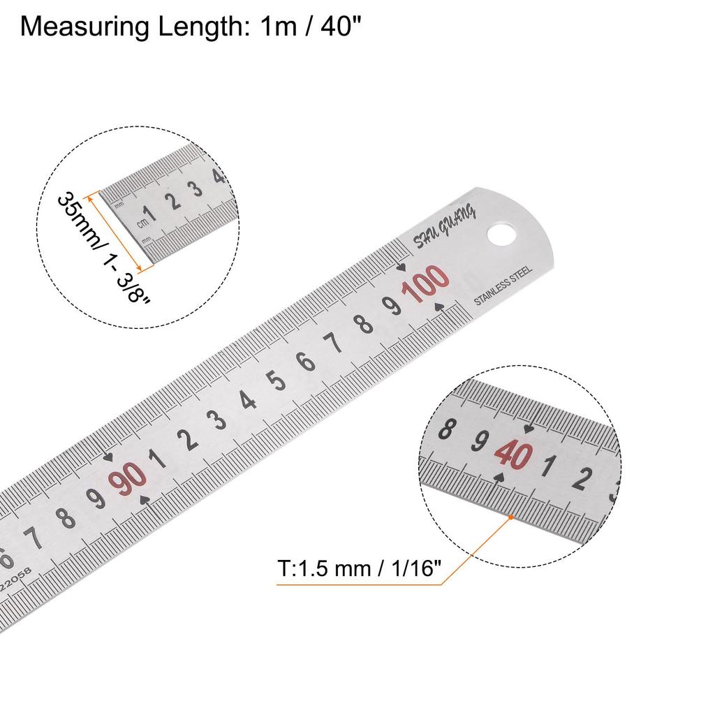 Uxcell Stainless Steel Length X Thickness X Straight Measuring Tool for and Silver Tone 3-Piece Ruler, 100cm/40" 1/16" 1-3/8" Width, Woodworking,
