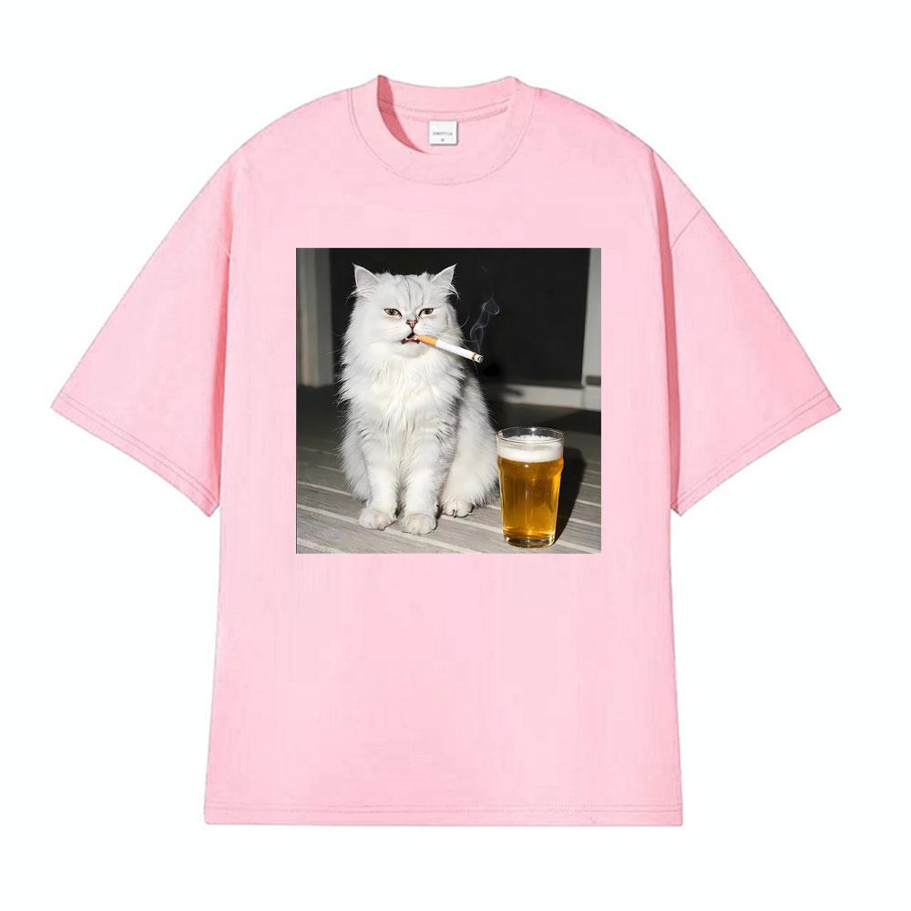 Funny Persian Cat Smoking and Drinking Beer Vintage Tshirts Mens Women Casual Cotton T Shirt Fashion Cool Short Sleeve Tshirt