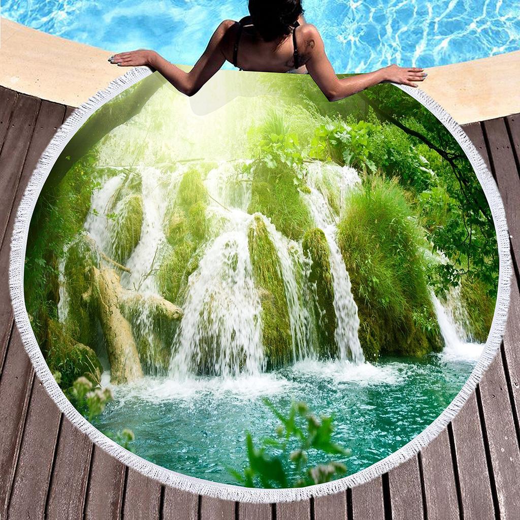 Natural Scenery Waterfall Round Beach Towel, Microfiber Circle Beach Blanket, Sand Free Quick Dry Pool Towel Portable Picnic Mat