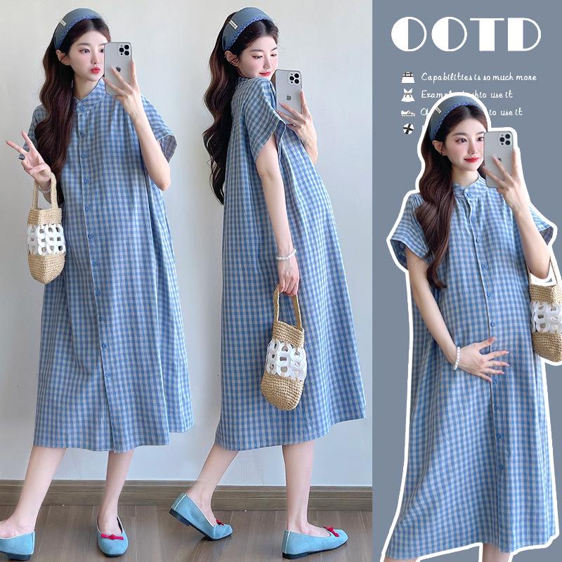 Korean-Style Blue & White Plaid Loose Maternity Dress - Summer 2026 Collection Large