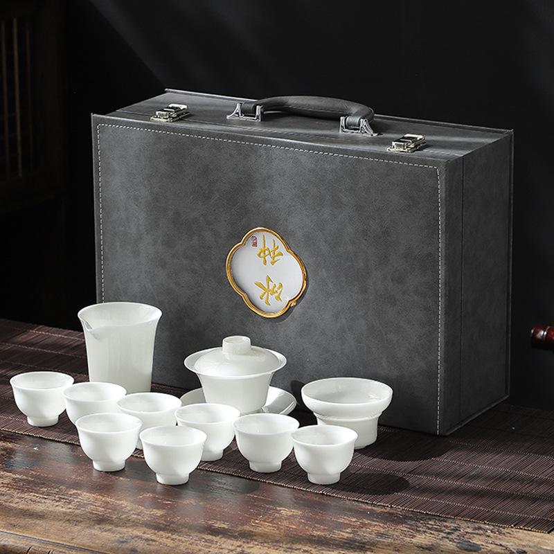 Ceramic Suet Jade Ice Seed Jade Porcelain Kung Fu Tea Set Business Festival High-end Gifts