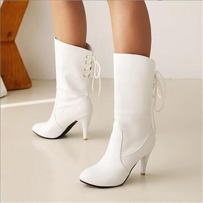 Elegant White Mid-calf Boots Autumn Winter Women Boots Ladies Slip-on Luxury Thin High Heels Party Office Shoes Woman Size 34-43