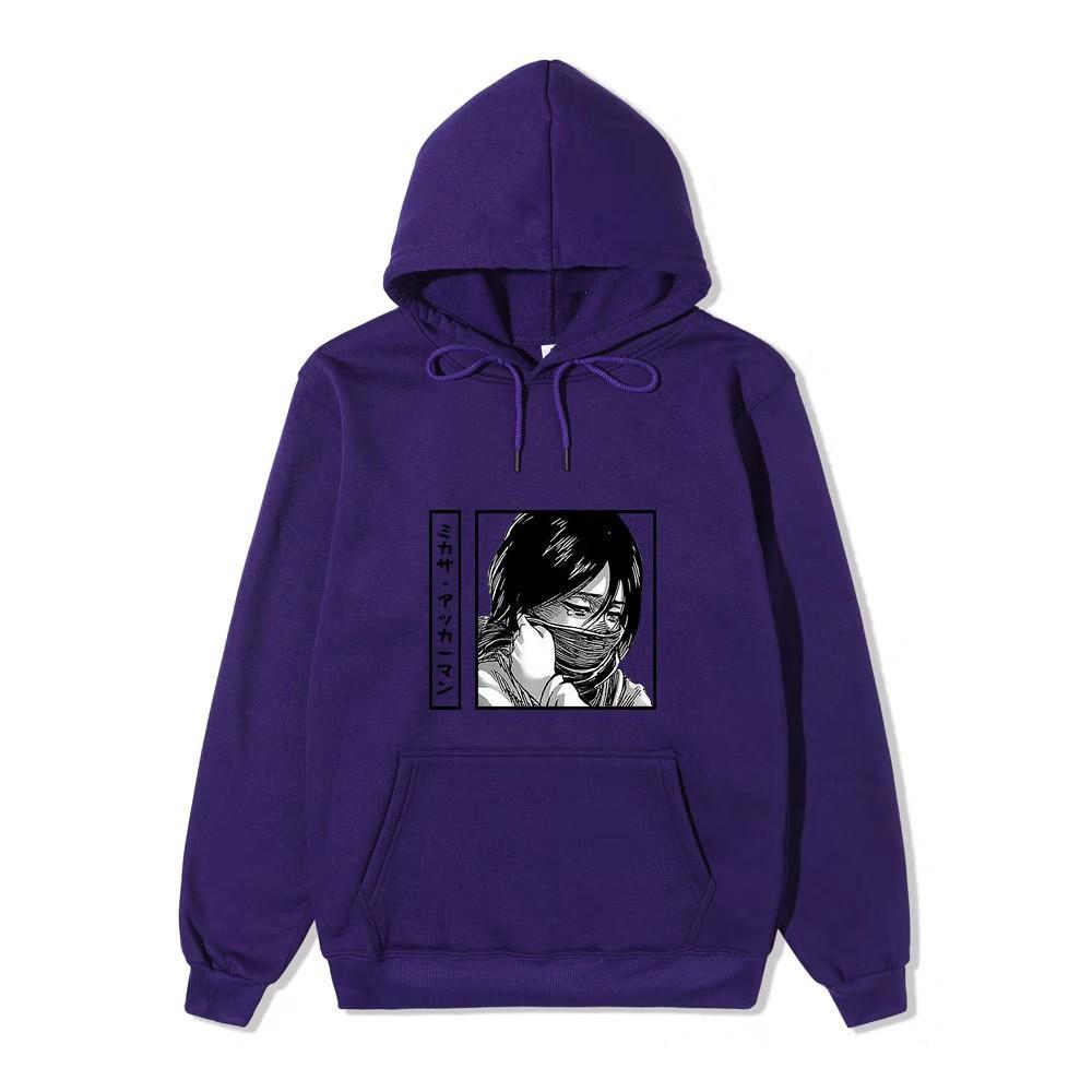 Unisex Attack on Titan Mikasa Ackerman Hoodie, Black White Manga Graphic Print Long Sleeve Pullover Hooded Sweatshirt Streetwear