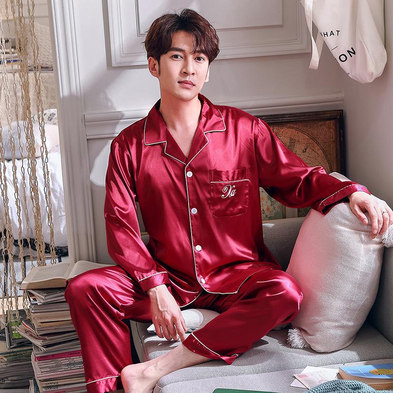 Frühlings-Seidenpyjama-Set im koreanischen Stil: Damenimitatseide & Herren Dünn Langarm Hauskleidung