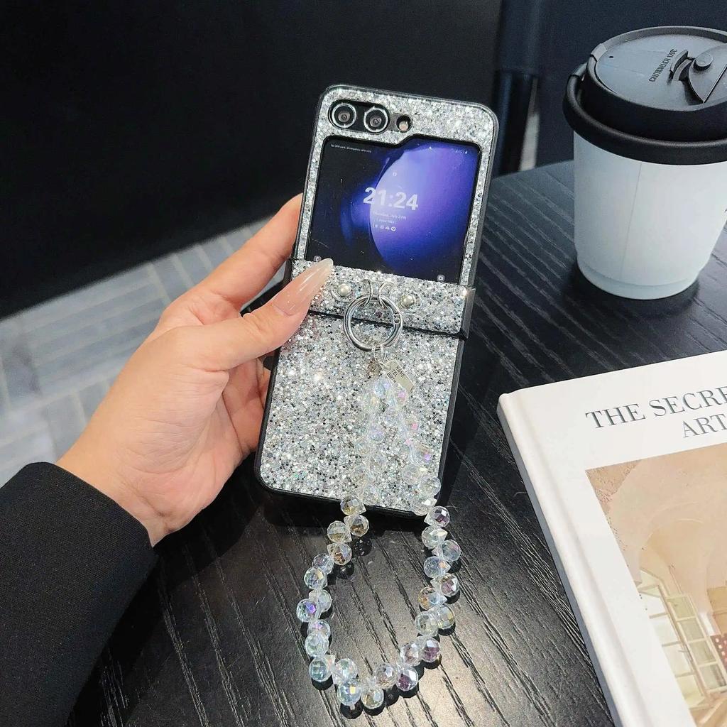Bling Glitter PU Leather Cover with Bead Wrist Chain Strap Bracelet For Samsung Galaxy Z Flip 6 5 4 3 Phone Case