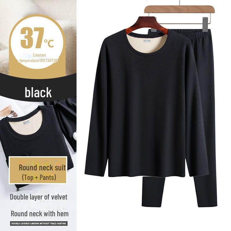 Men's Two-Color German Velvet Warm Suit: No-Pill V-Neck/Round Neck Top & Bottom Set for Autumn/Winter.