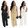 Women's Casual V-neck Button Top & Trousers Two-piece Set - New Fashion Europe/America
