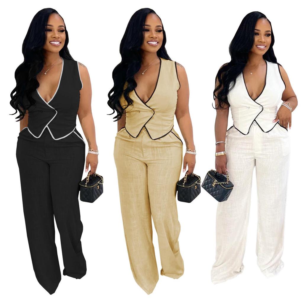 Women's Casual V-neck Button Top & Trousers Two-piece Set - New Fashion Europe/America