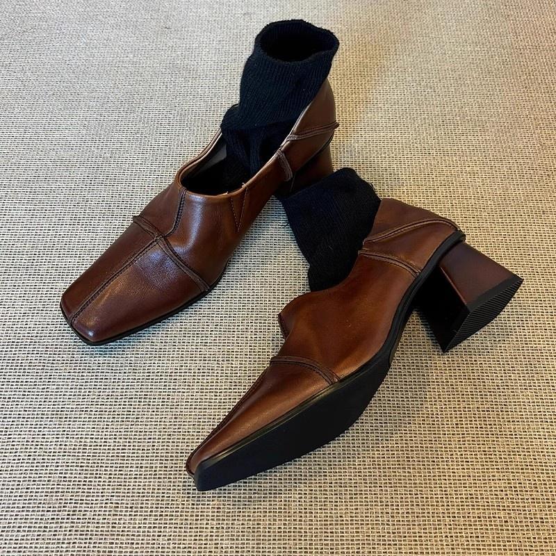 2026 Summer New Women's Loafers Shoe Square Toe Thick Heel Soft Sewing Design Retro Office Suit Shallow Ladies Single Shoes