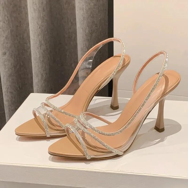 Fashion Women Summer Rhinestone Slingback Pumps Office Lady Transparent Heeled Sandals Elegant Pointed Toe Female Sexy High Heels