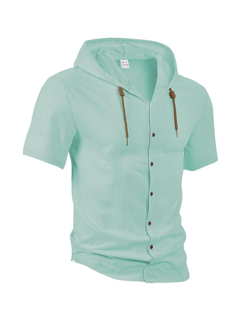 Men's Casual Lightweight Cotton Linen Short-Sleeve Hoodie Cardigan