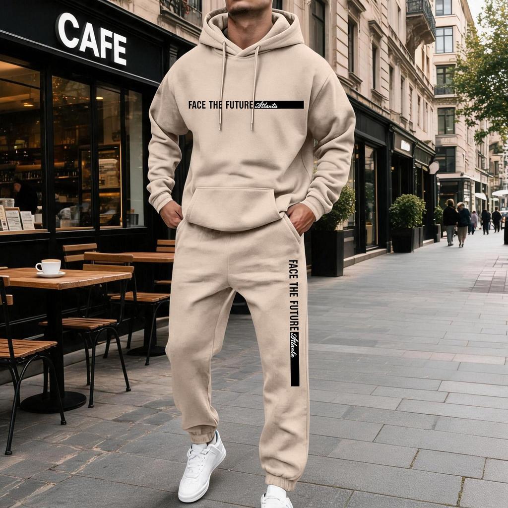 Men's Casual Letter Print Hooded Sweatshirt and Sweatpants Set, Lined 2 Piece Outfit