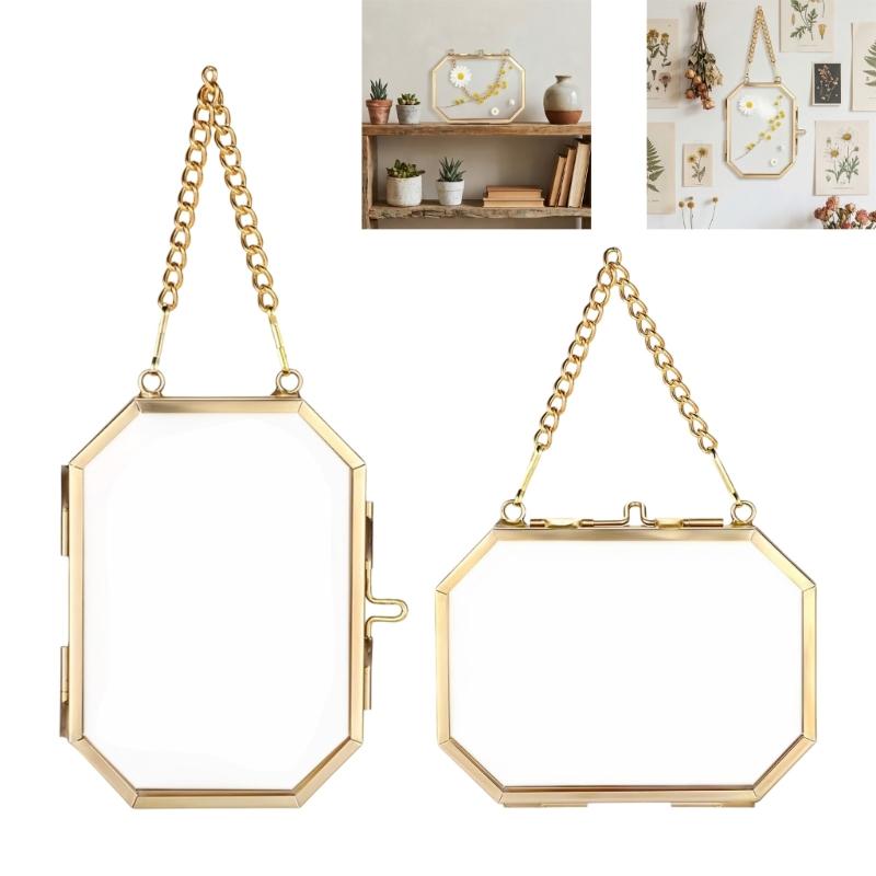 Glazen Ophanglijst Gouden Metalen Fotolijst Helder Glas Zwevend Frame Ophangbaar Werk Display Frame voor Gedroogd